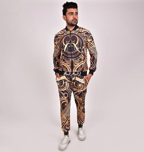 Men Graphic Digital Printed Henley Neck Lycra Tracksuit